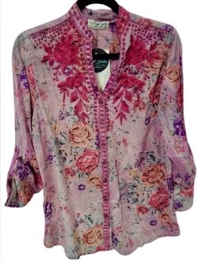 NWT 100% Cotton Floral VINTAGE GOA Shirt Top Blouse Boho Cottage SM Floral Rose